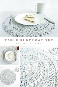 The Table Placement Set includes an intricate crocheted placemat and coaster pattern. These delicate, lacy pieces are the perfect accent to that impressive feast you just prepared. #crochetpattern #crochetplacemat #crochetcoasters #crochetlove #crochetaddict