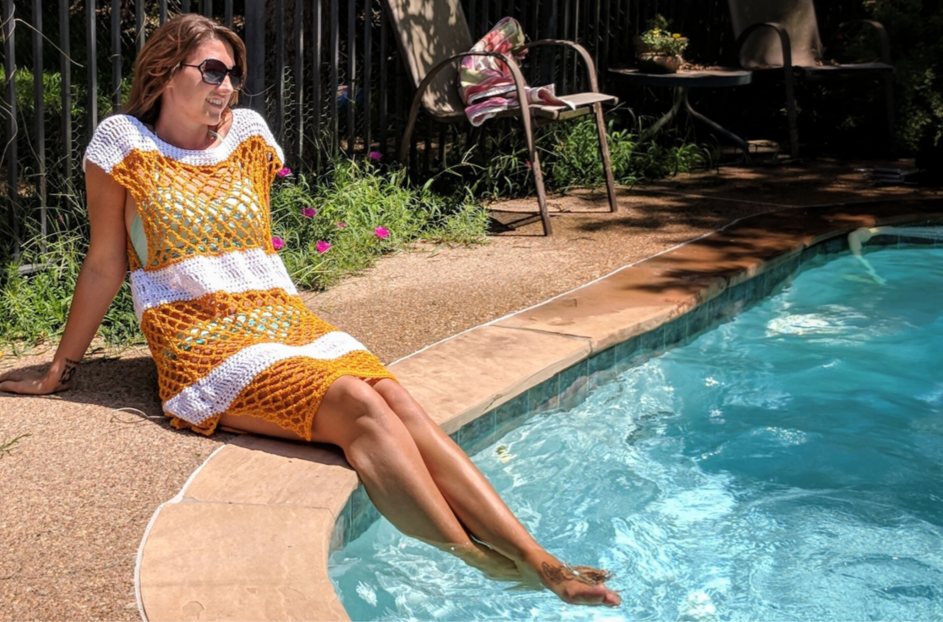 Sanibel Cover-up Pool Dress - These DIY crochet beach cover ups are stylish and fun to make. From a crochet wrap to a crochet tunic, you can make something for anyone’s style. #CrochetBeachCoverUps #CrochetPatterns #FreeCrochetPatterns