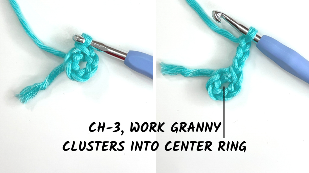 work your granny clusters into the center of the ring of chain stitches