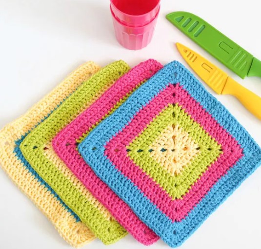 Colorful Solid Granny Square Dishcloth