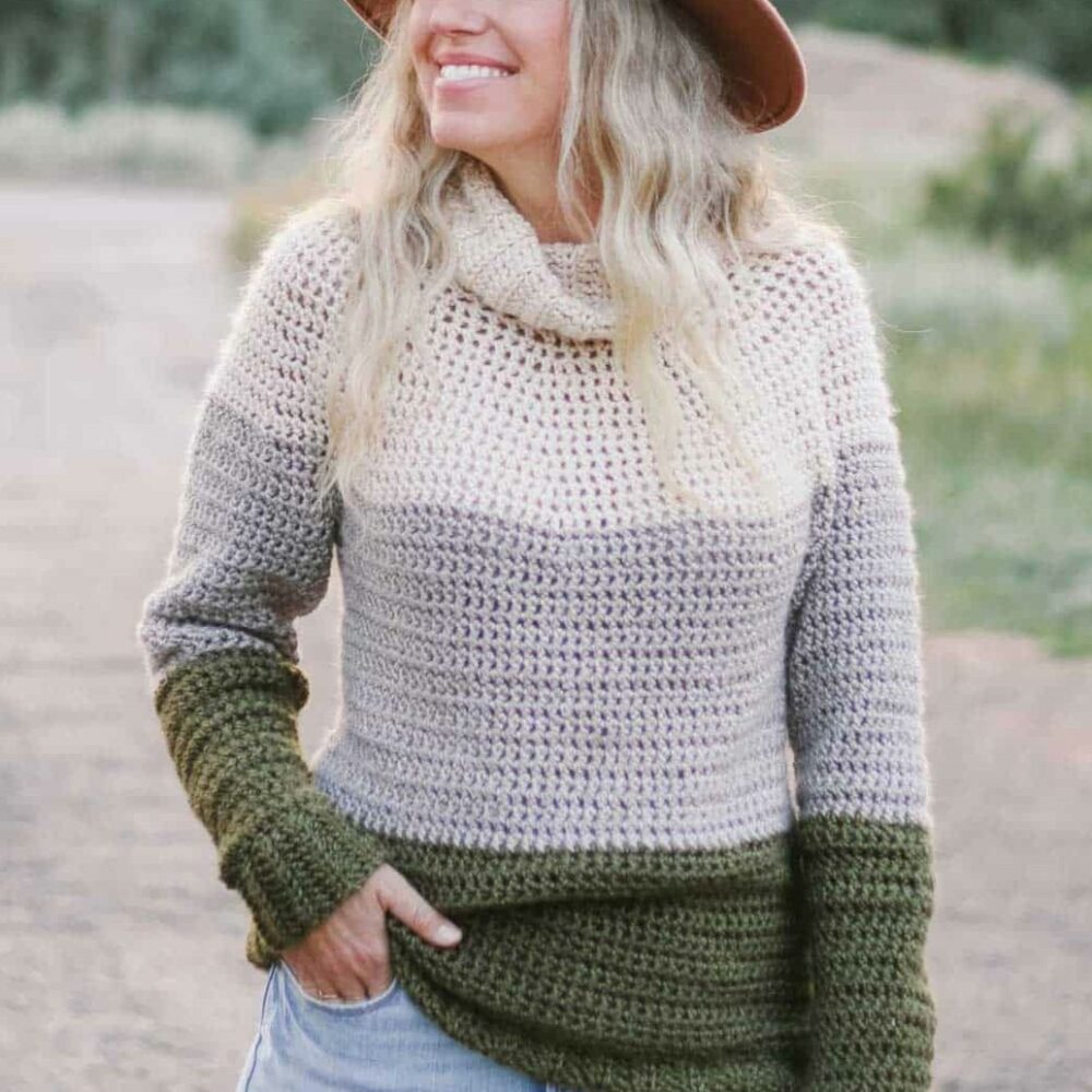 a woman wearing the Snowbound Yoke Crochet Sweater
