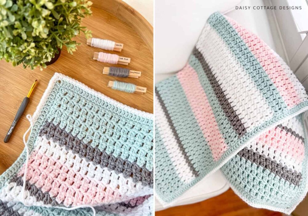 side-by-side photos of a cluster stitch crochet blanket