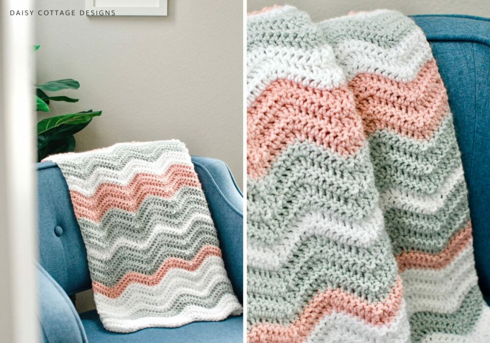 side-by-side photos of easy ripple crochet blanket on a chair